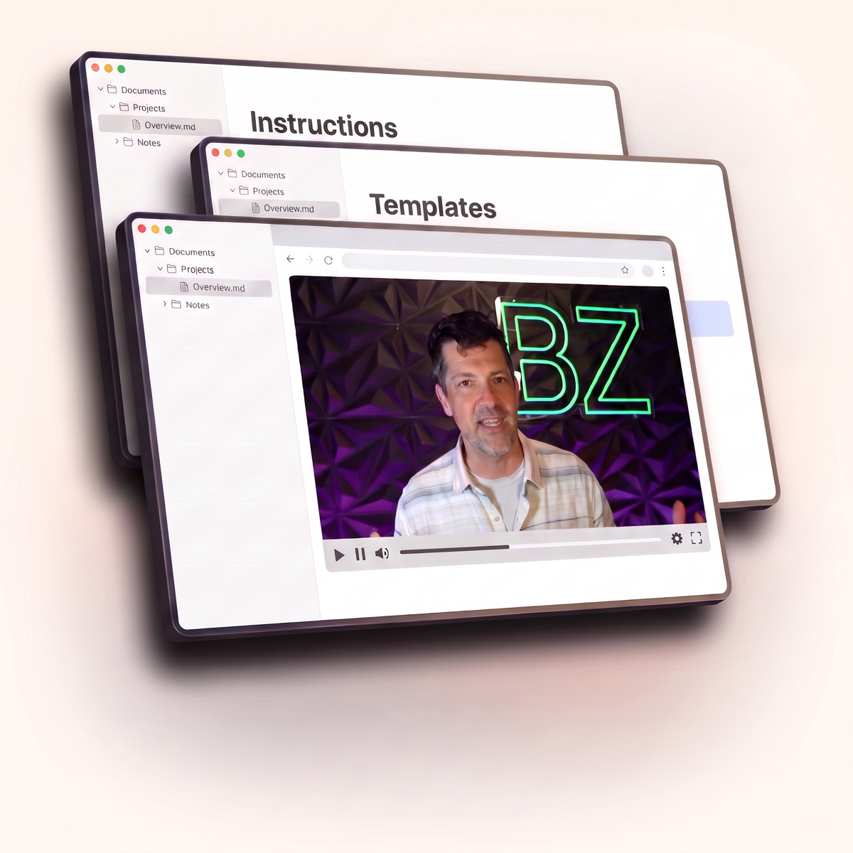 Three stacked windows showing the Overview.md file in a Documents/Projects folder tree, the Instructions and Templates pages, and the training video.